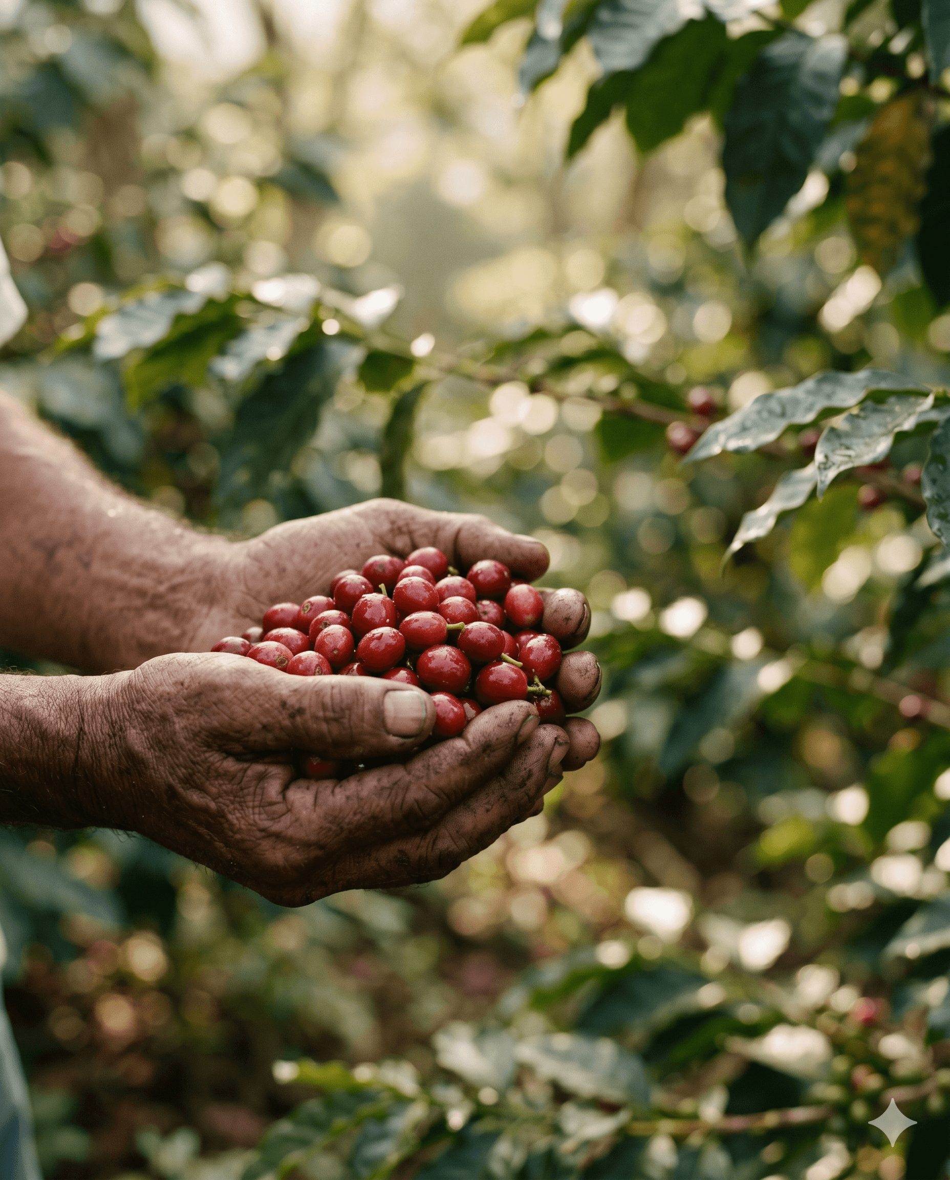 Manos de caficultor venezolano sosteniendo cerezas de café